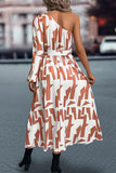 Printed One-Shoulder Tie Waist Dress