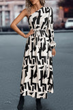 Printed One-Shoulder Tie Waist Dress