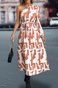 Printed One-Shoulder Tie Waist Dress